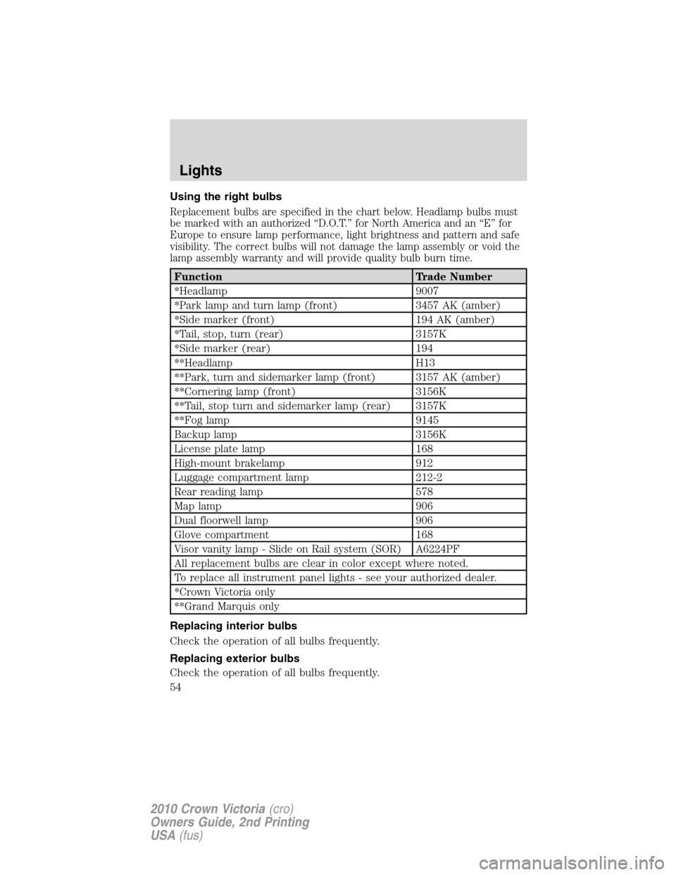 FORD CROWN VICTORIA 2010 2.G Owners Manual Using the right bulbs
Replacement bulbs are specified in the chart below. Headlamp bulbs must
be marked with an authorized “D.O.T.” for North America and an “E” for
Europe to ensure lamp perfo