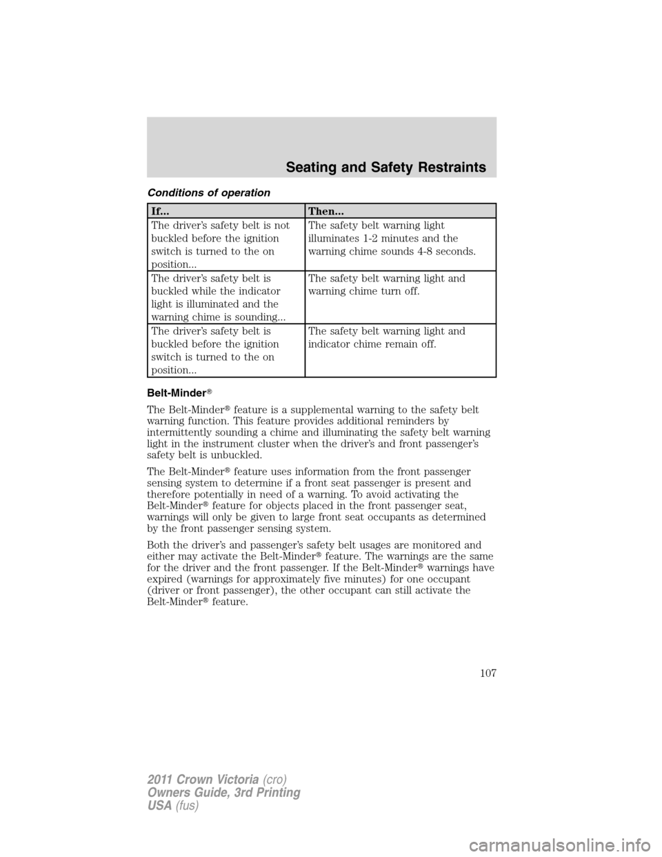 FORD CROWN VICTORIA 2011 2.G User Guide Conditions of operation
If... Then...
The driver’s safety belt is not
buckled before the ignition
switch is turned to the on
position...The safety belt warning light
illuminates 1-2 minutes and the
