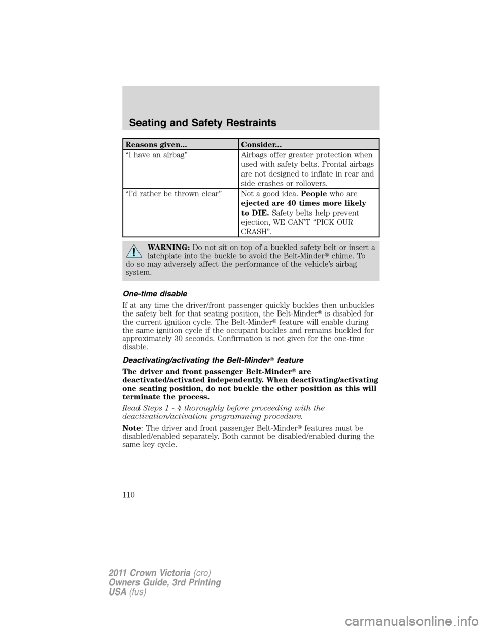 FORD CROWN VICTORIA 2011 2.G Owners Manual Reasons given... Consider...
“I have an airbag” Airbags offer greater protection when
used with safety belts. Frontal airbags
are not designed to inflate in rear and
side crashes or rollovers.
“