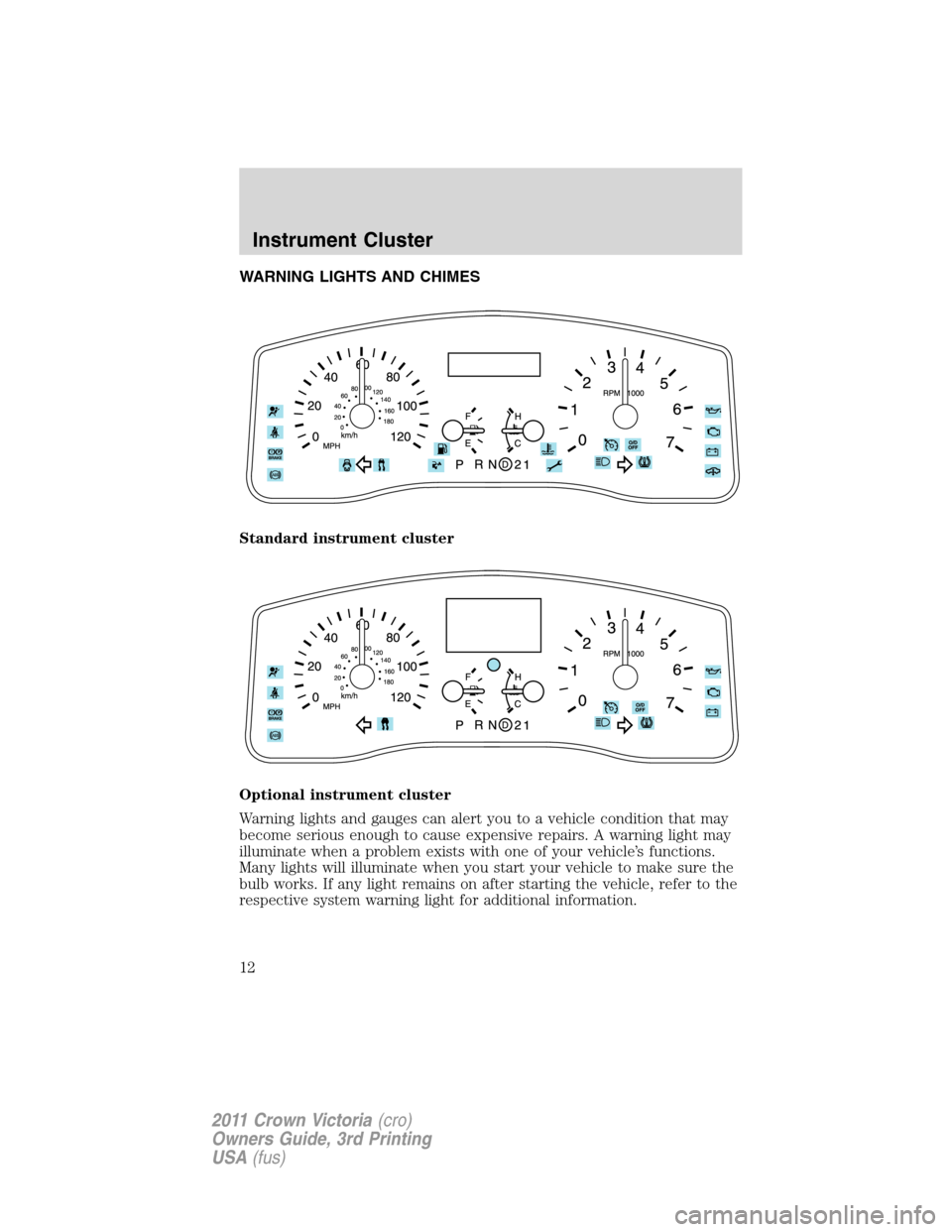 FORD CROWN VICTORIA 2011 2.G Owners Manual WARNING LIGHTS AND CHIMES
Standard instrument cluster
Optional instrument cluster
Warning lights and gauges can alert you to a vehicle condition that may
become serious enough to cause expensive repai