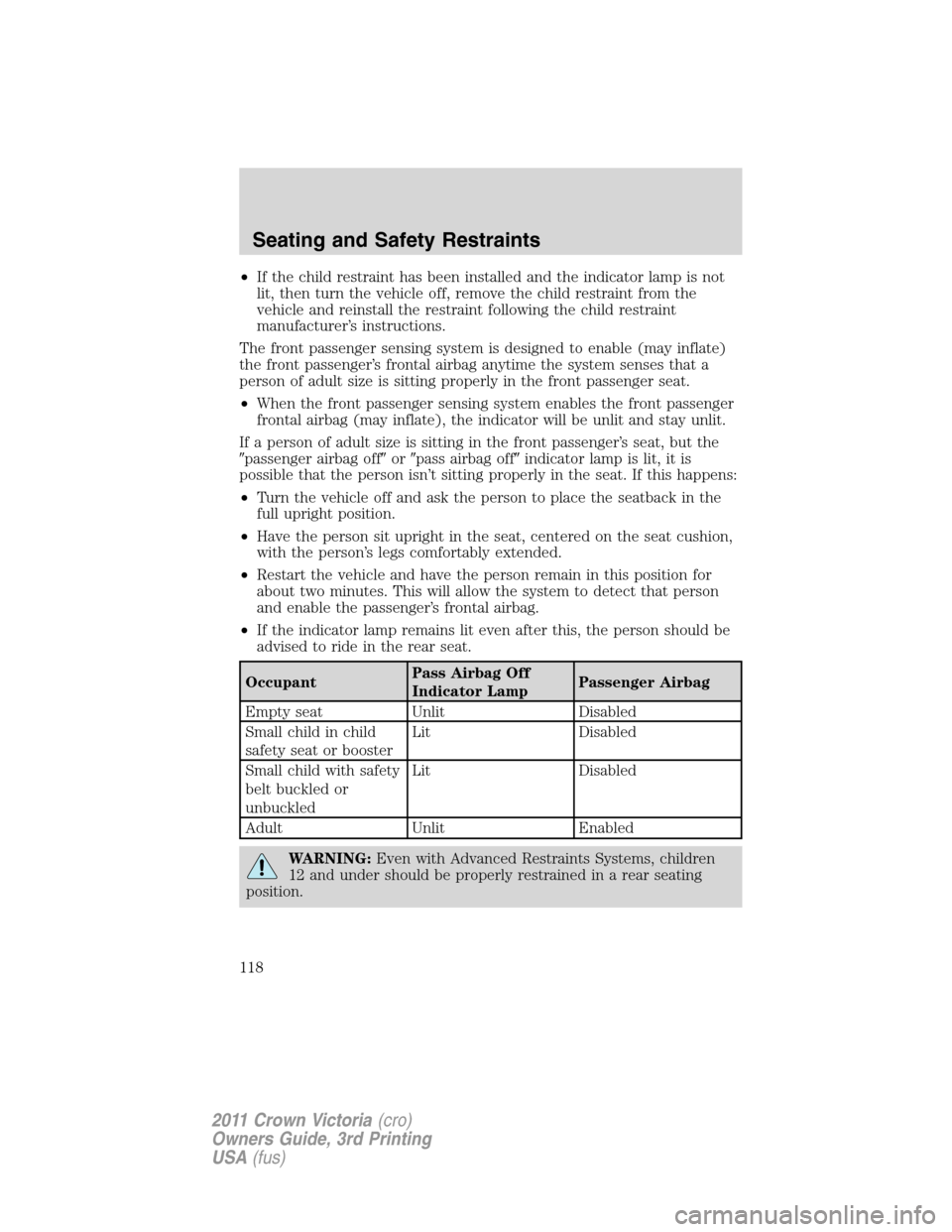 FORD CROWN VICTORIA 2011 2.G Owners Manual •If the child restraint has been installed and the indicator lamp is not
lit, then turn the vehicle off, remove the child restraint from the
vehicle and reinstall the restraint following the child r