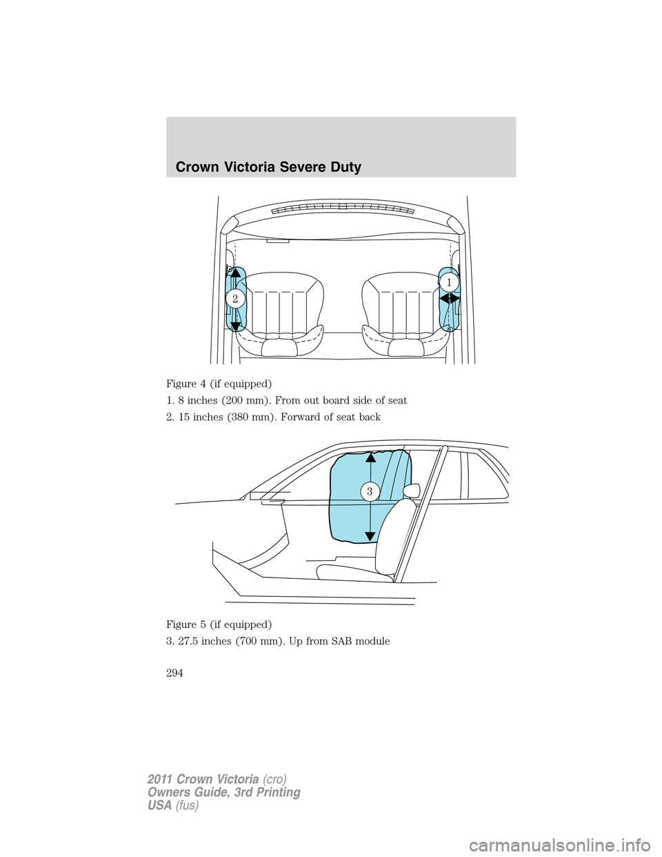 FORD CROWN VICTORIA 2011 2.G Owners Manual Figure 4 (if equipped)
1. 8 inches (200 mm). From out board side of seat
2. 15 inches (380 mm). Forward of seat back
Figure 5 (if equipped)
3. 27.5 inches (700 mm). Up from SAB module
Crown Victoria S FORD CROWN VICTORIA 2011 2.G Owners Manual Figure 4 (if equipped)
1. 8 inches (200 mm). From out board side of seat
2. 15 inches (380 mm). Forward of seat back
Figure 5 (if equipped)
3. 27.5 inches (700 mm). Up from SAB module
Crown Victoria S