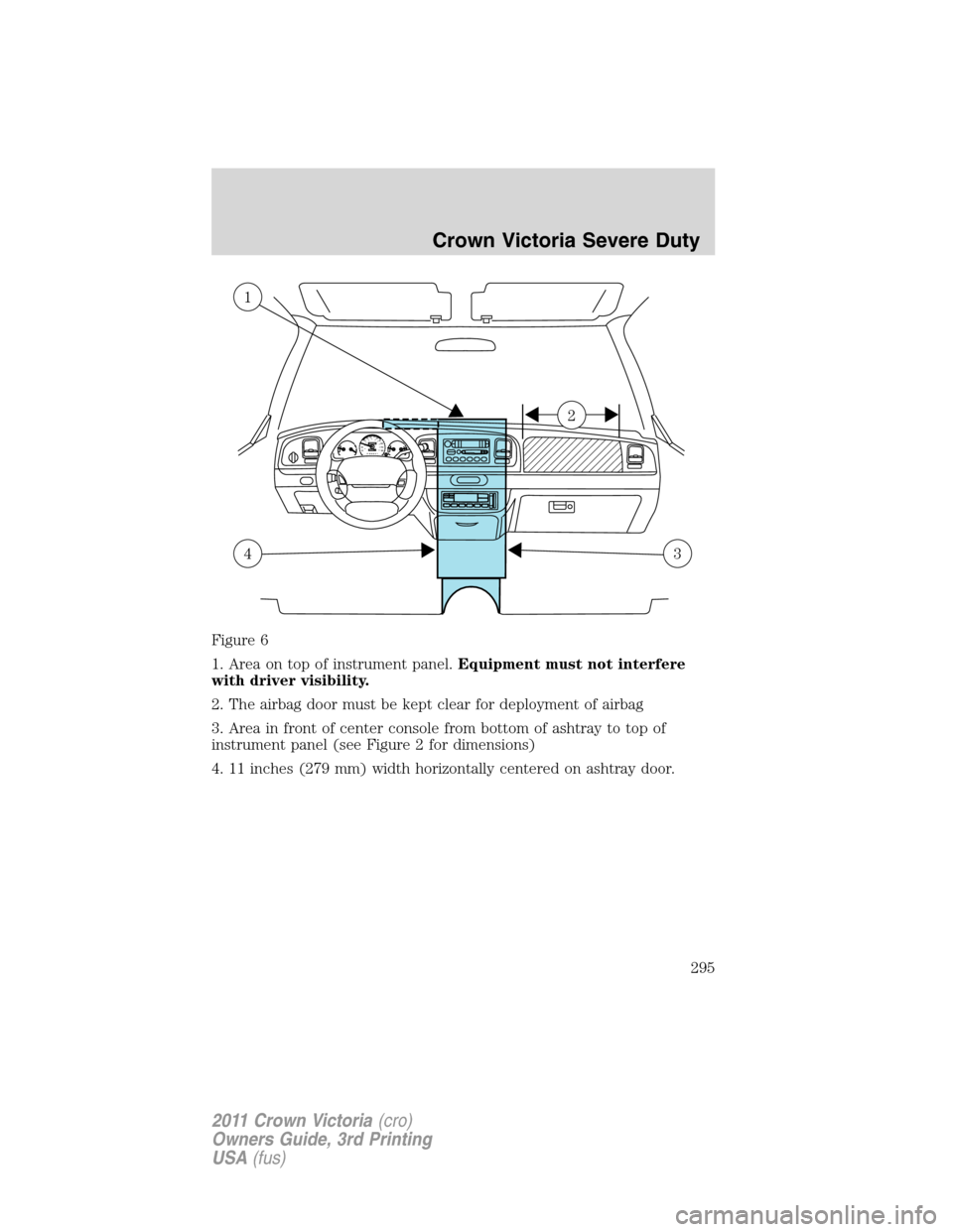 FORD CROWN VICTORIA 2011 2.G Owners Manual Figure 6
1. Area on top of instrument panel.Equipment must not interfere
with driver visibility.
2. The airbag door must be kept clear for deployment of airbag
3. Area in front of center console from FORD CROWN VICTORIA 2011 2.G Owners Manual Figure 6
1. Area on top of instrument panel.Equipment must not interfere
with driver visibility.
2. The airbag door must be kept clear for deployment of airbag
3. Area in front of center console from
