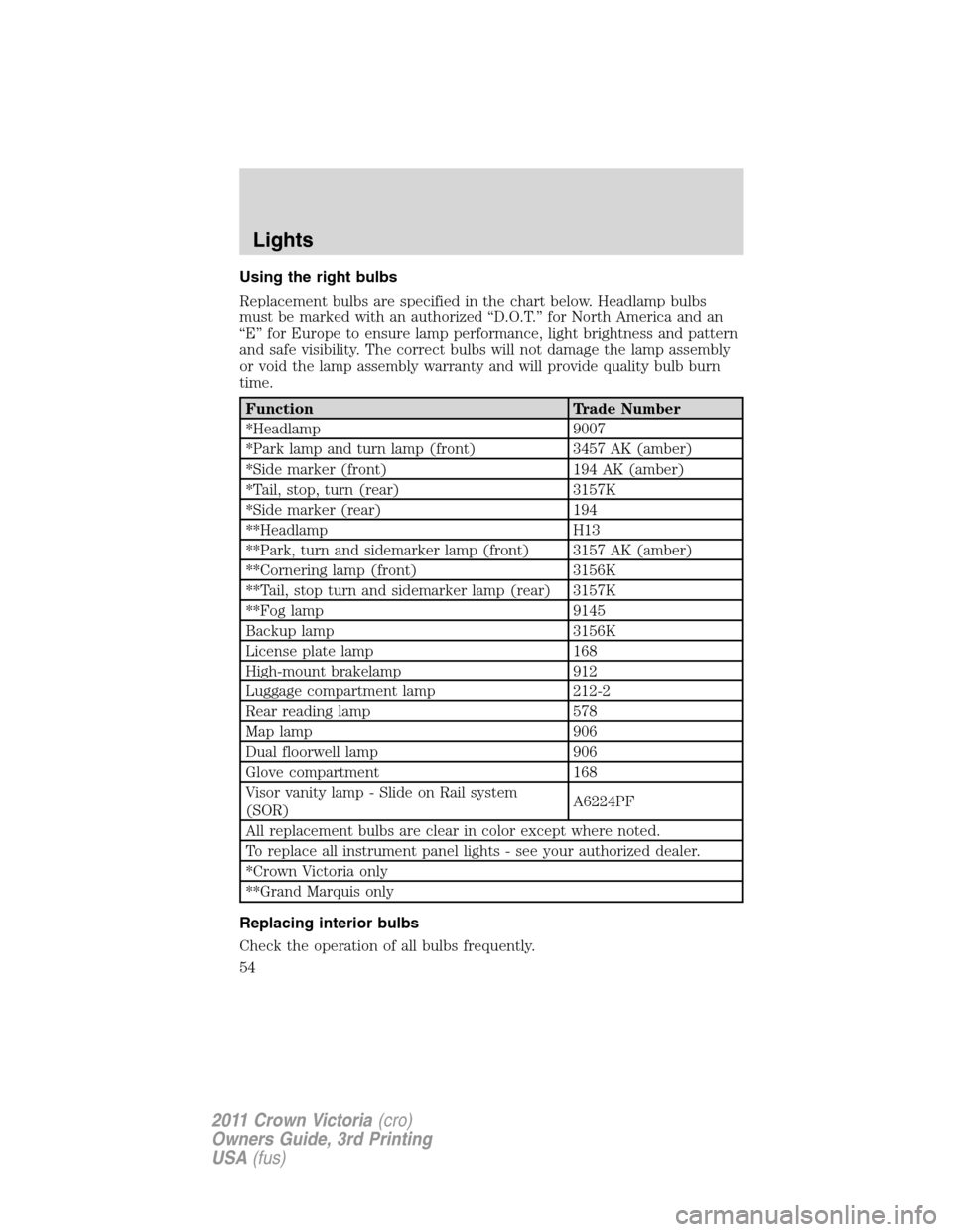 FORD CROWN VICTORIA 2011 2.G Workshop Manual Using the right bulbs
Replacement bulbs are specified in the chart below. Headlamp bulbs
must be marked with an authorized “D.O.T.” for North America and an
“E” for Europe to ensure lamp perfo FORD CROWN VICTORIA 2011 2.G Workshop Manual Using the right bulbs
Replacement bulbs are specified in the chart below. Headlamp bulbs
must be marked with an authorized “D.O.T.” for North America and an
“E” for Europe to ensure lamp perfo