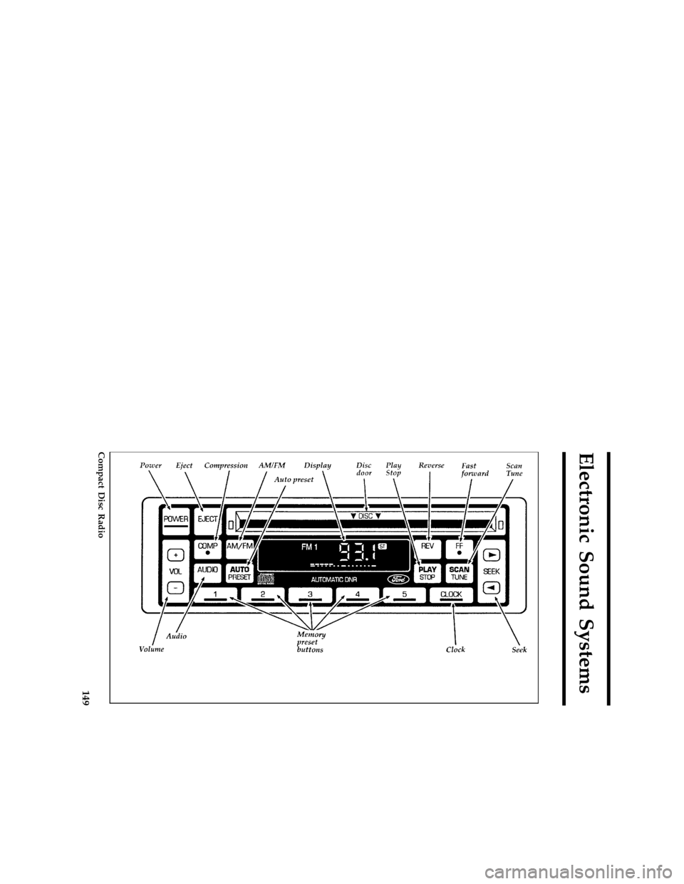FORD E SERIES 1996 4.G Owners Manual 149
Electronic Sound Systems
*
[AS01100(BEF )04/95]
full page art:0060648-B
Compact Disc Radio
File:09ltase.ex
Update:Wed Apr 17 08:44:51 1996 