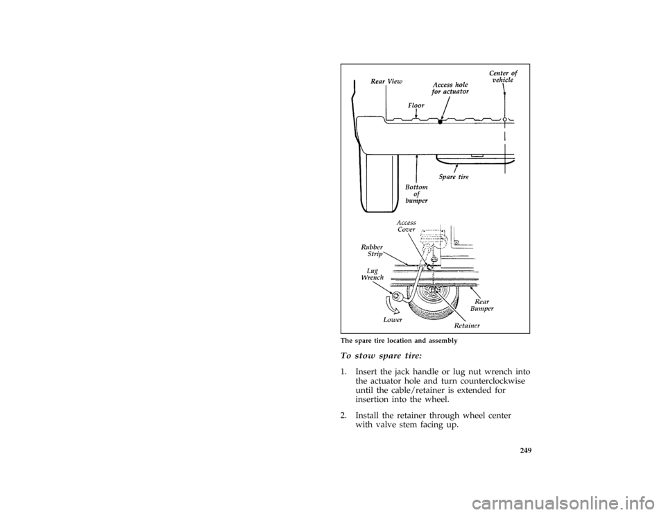 FORD E SERIES 1996 4.G Owners Manual 249 [RE05975( E )02/95]
three fourths page art:0020839-C
The spare tire location and assembly
*
[RE06050( E )03/91]
To stow spare tire:
*
[RE06150( E )10/94]
1. Insert the jack handle or lug nut wrenc