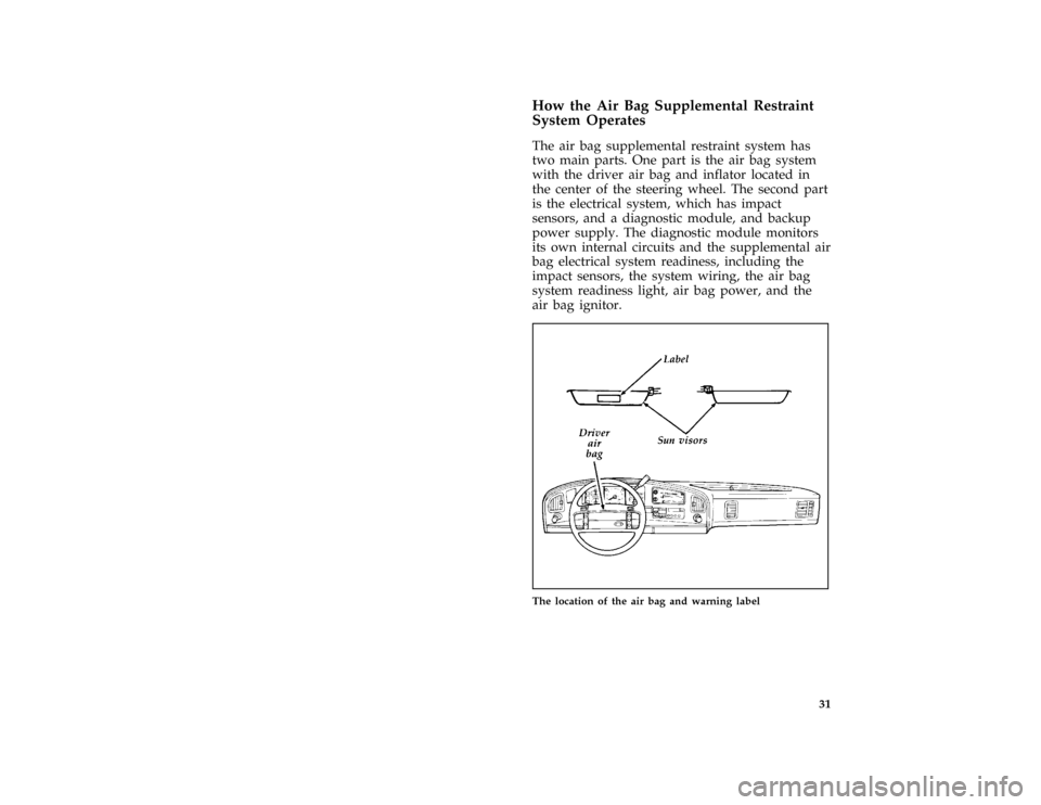 FORD E SERIES 1996 4.G Owners Guide 31
*
[SR11800(BEF )01/95]
How the Air Bag Supplemental Restraint
System Operates
*
[SR11900(BEF )05/95]
The air bag supplemental restraint system has
two main parts. One part is the air bag system
wit