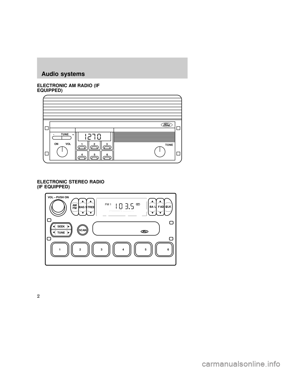 FORD E SERIES 1997 4.G Audio Guide ELECTRONICAM RADI O(IF
-     TUNE    +
6
FM 1ST
VOL – PUSH ON
SEEKSCAN
12 34 5 6
Audiosystems 