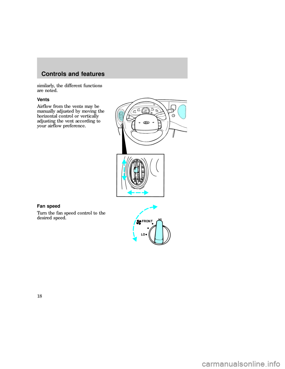 FORD E SERIES 1997 4.G User Guide similarly, the different functions
are noted.
Vents
Airflow from the vents may be
manually adjusted by moving the
horizontal control or vertically
adjusting the vent according to
your airflow preferen