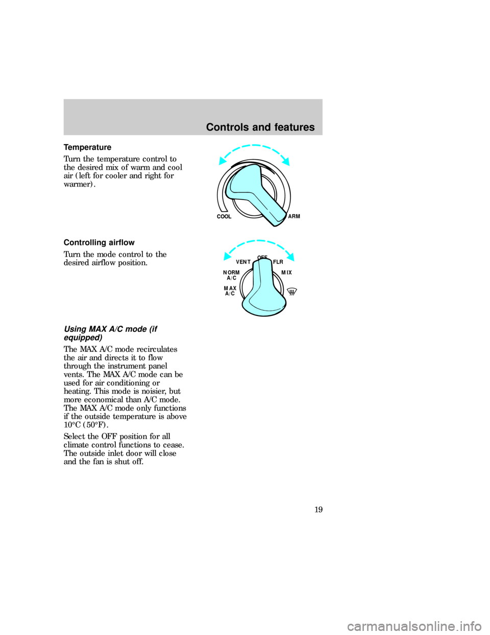 FORD E SERIES 1997 4.G User Guide Temperature
Turn the temperature control to
the desired mix of warm and cool
air (left for cooler and right for
warmer).
Controlling airflow
Turn the mode control to the
desired airflow position.
Usin