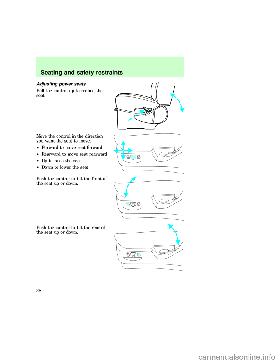 FORD E SERIES 1997 4.G Owners Guide Adjusting power seats
Pull the control up to recline the
seat
Move the control in the direction
you want the seat to move.
²Forward to move seat forward
²Rearward to move seat rearward
²Up to raise