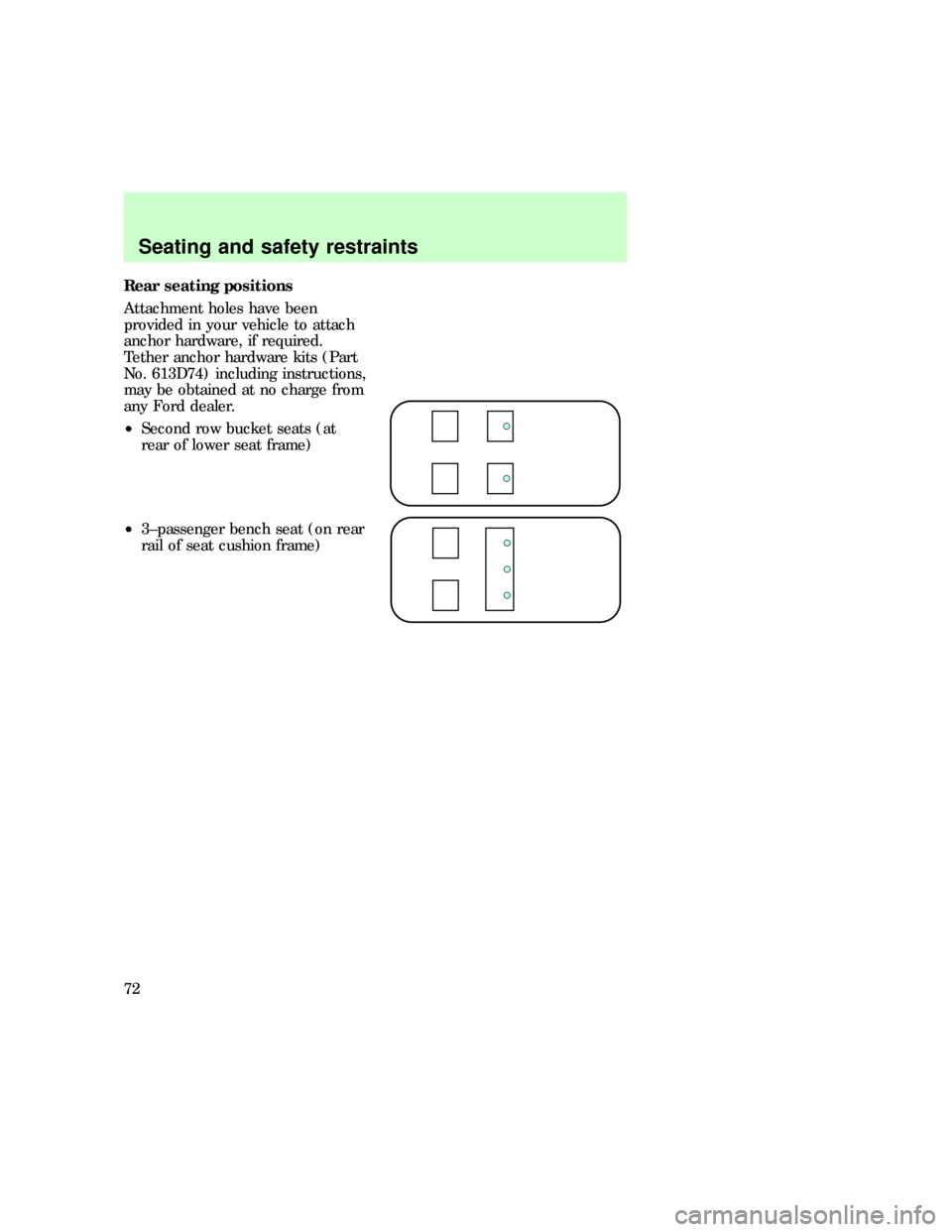 FORD E SERIES 1997 4.G Manual PDF Rear seating positions
Attachment holes have been
provided in your vehicle to attach
anchor hardware, if required.
Tether anchor hardware kits (Part
No. 613D74) including instructions,
may be obtained
