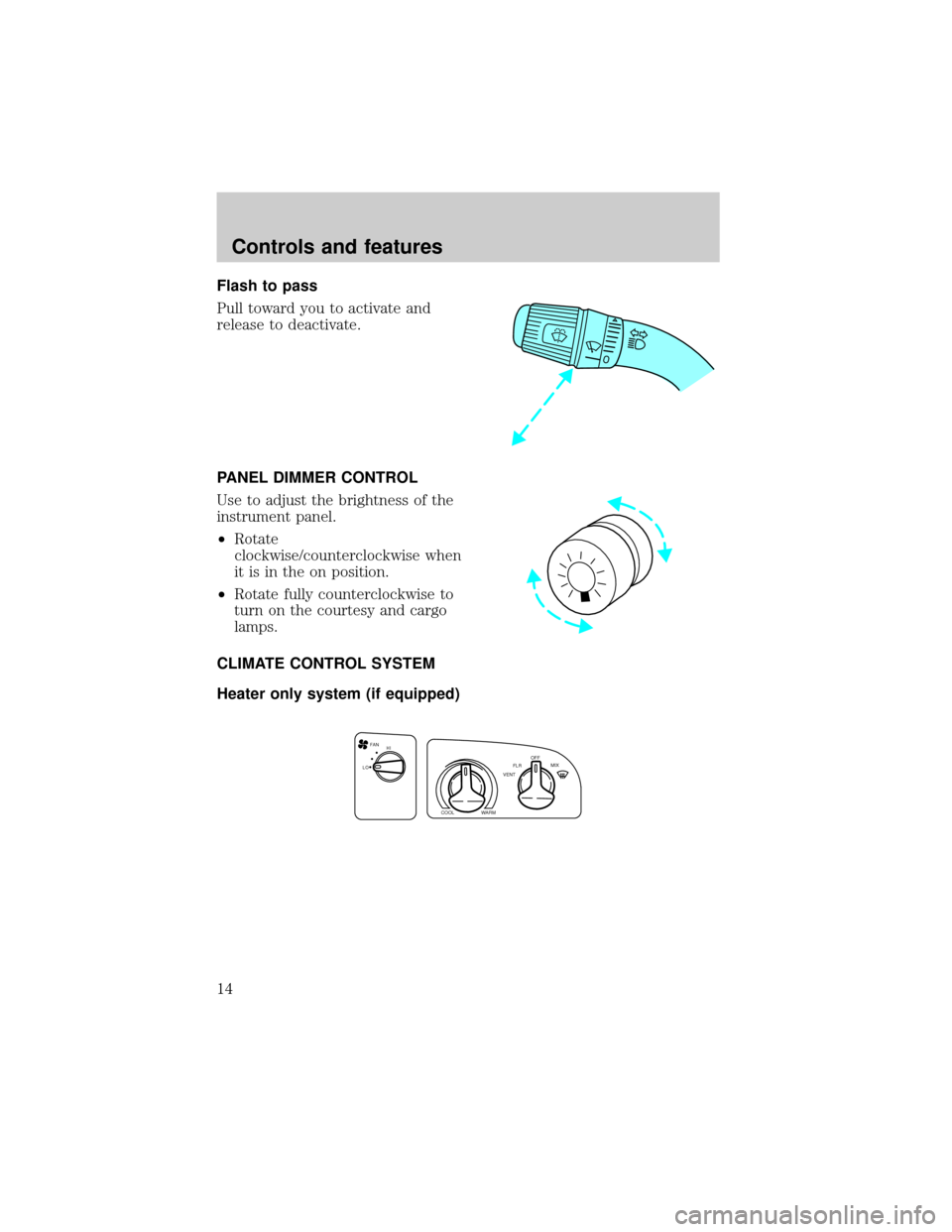 FORD E SERIES 1998 4.G User Guide Flash to pass
Pull toward you to activate and
release to deactivate.
PANEL DIMMER CONTROL
Use to adjust the brightness of the
instrument panel.
²Rotate
clockwise/counterclockwise when
it is in the on