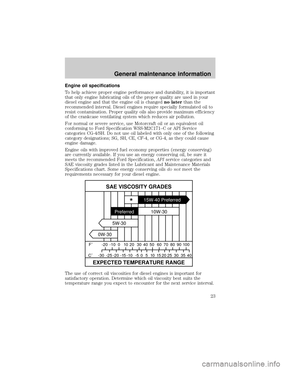 FORD E SERIES 1999 4.G 7.3L Diesel Supplement Manual Engine oil specifications
To help achieve proper engine performance and durability, it is important
that only engine lubricating oils of the proper quality are used in your
diesel engine and that the 