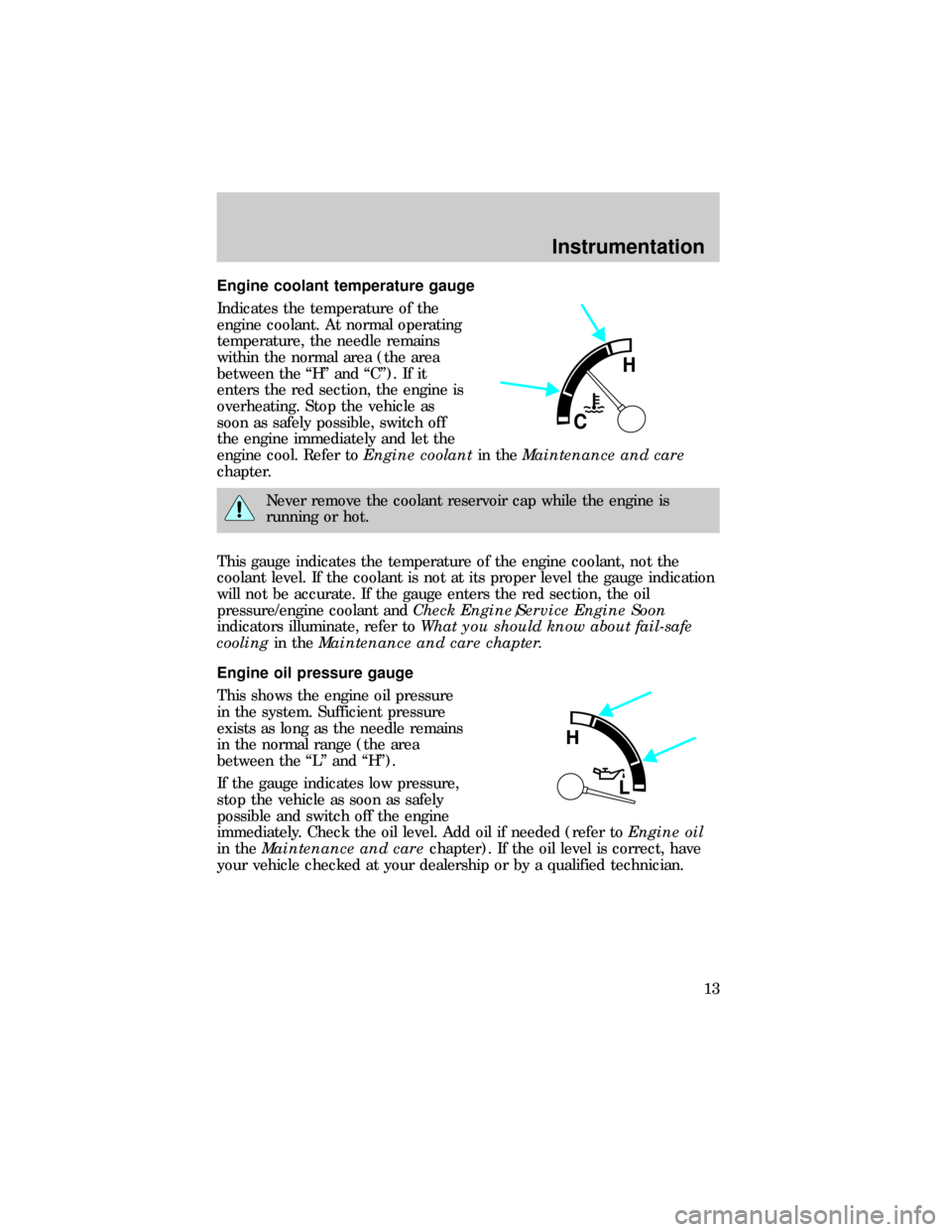 FORD E SERIES 1999 4.G User Guide Engine coolant temperature gauge
Indicates the temperature of the
engine coolant. At normal operating
temperature, the needle remains
within the normal area (the area
between the ªHº and ªCº). If 