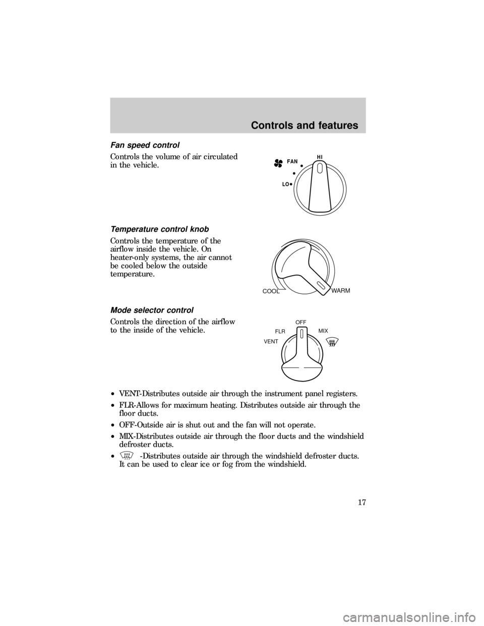 FORD E SERIES 1999 4.G User Guide Fan speed control
Controls the volume of air circulated
in the vehicle.
Temperature control knob
Controls the temperature of the
airflow inside the vehicle. On
heater-only systems, the air cannot
be c