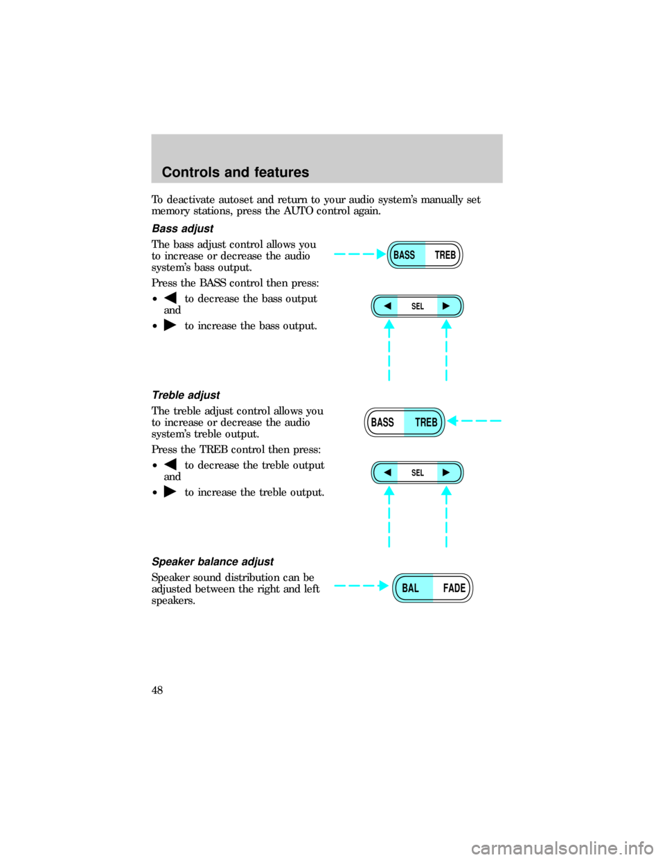 FORD E SERIES 1999 4.G Service Manual To deactivate autoset and return to your audio systems manually set
memory stations, press the AUTO control again.
Bass adjust
The bass adjust control allows you
to increase or decrease the audio
sys