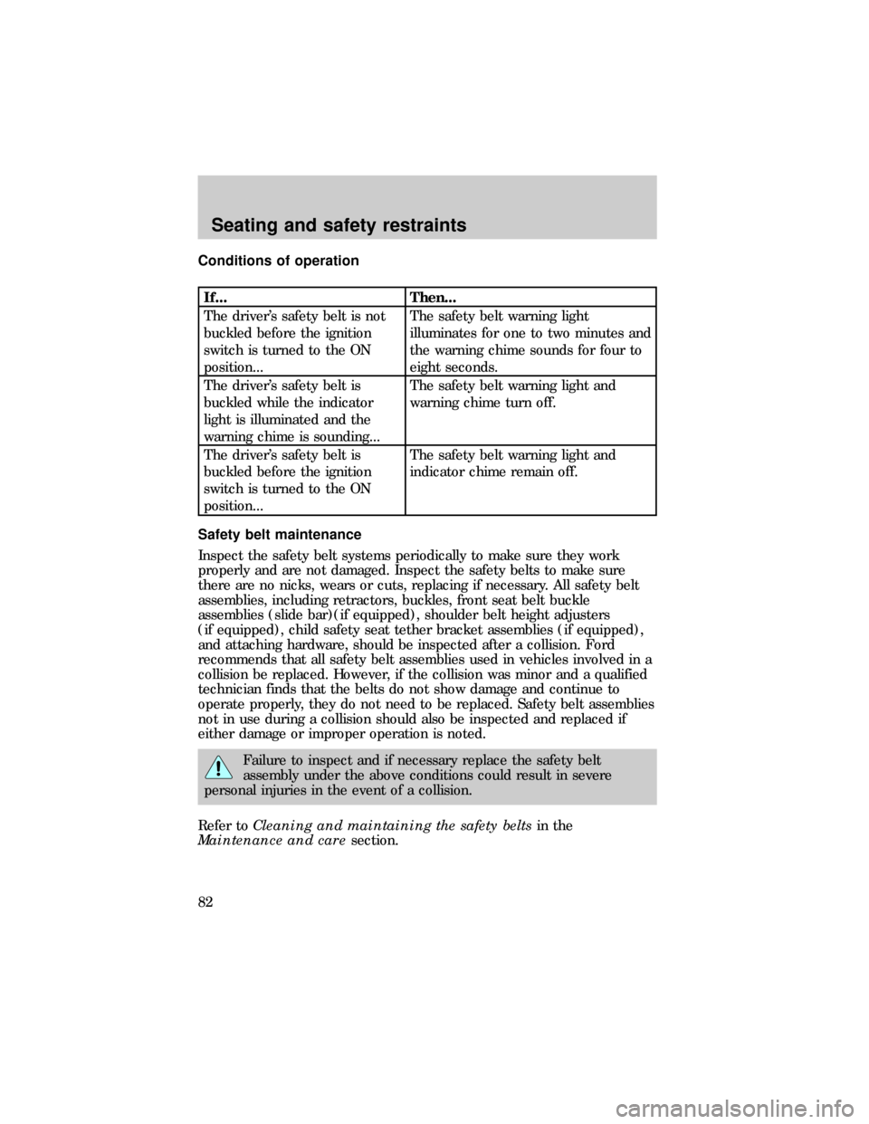FORD E SERIES 1999 4.G Owners Manual Conditions of operation
If... Then...
The drivers safety belt is not
buckled before the ignition
switch is turned to the ON
position...The safety belt warning light
illuminates for one to two minutes