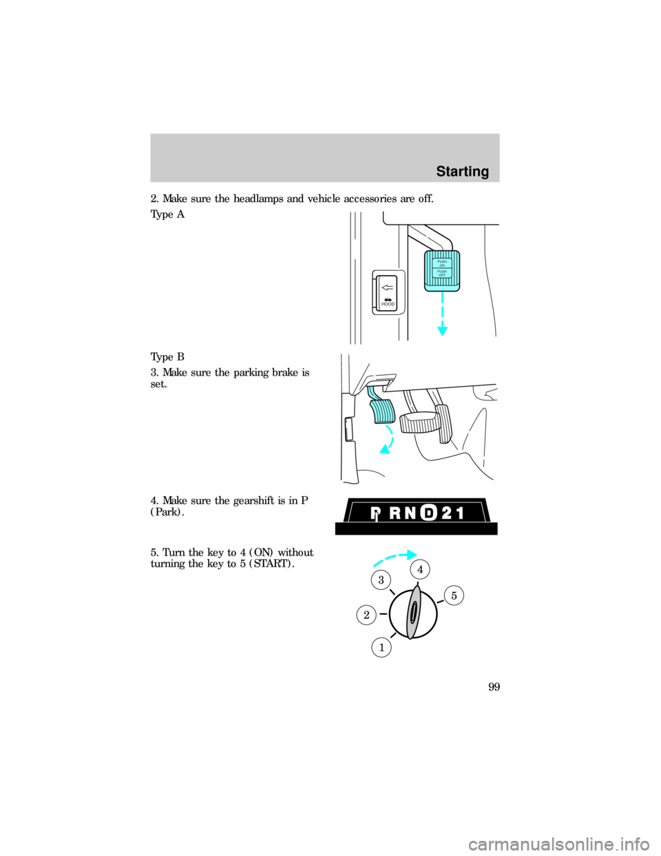 FORD E SERIES 1999 4.G Owners Manual 2. Make sure the headlamps and vehicle accessories are off.
Type A
Type B
3. Make sure the parking brake is
set.
4. Make sure the gearshift is in P
(Park).
5. Turn the key to 4 (ON) without
turning th FORD E SERIES 1999 4.G Owners Manual 2. Make sure the headlamps and vehicle accessories are off.
Type A
Type B
3. Make sure the parking brake is
set.
4. Make sure the gearshift is in P
(Park).
5. Turn the key to 4 (ON) without
turning th