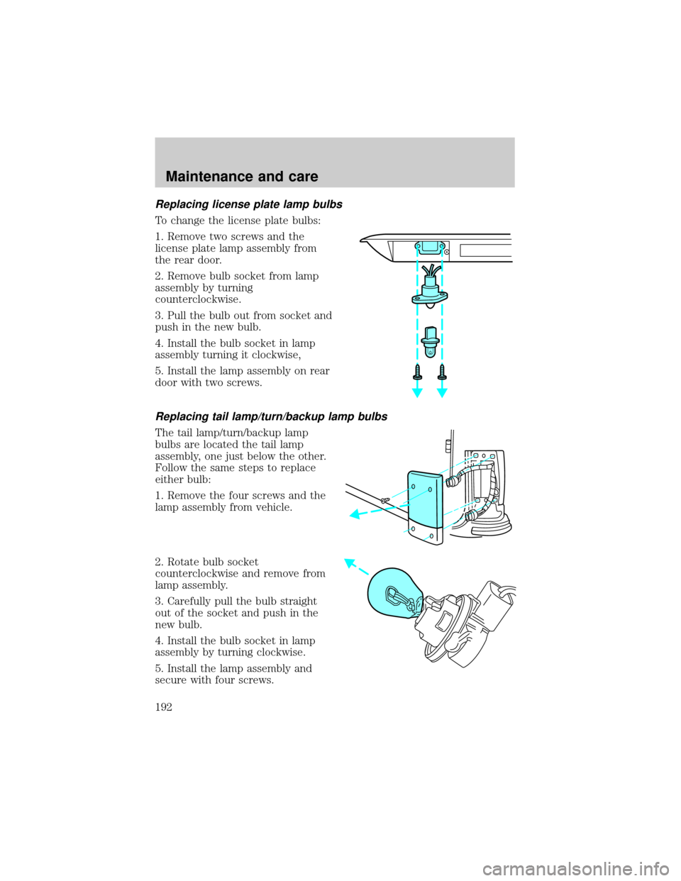 FORD E SERIES 2000 4.G Owners Manual Replacing license plate lamp bulbs
To change the license plate bulbs:
1. Remove two screws and the
license plate lamp assembly from
the rear door.
2. Remove bulb socket from lamp
assembly by turning
c