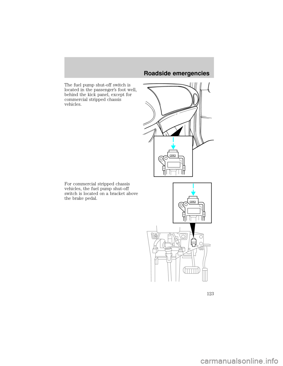FORD E SERIES 2001 4.G Owners Manual The fuel pump shut-off switch is
located in the passengers foot well,
behind the kick panel, except for
commercial stripped chassis
vehicles.
For commercial stripped chassis
vehicles, the fuel pump s FORD E SERIES 2001 4.G Owners Manual The fuel pump shut-off switch is
located in the passengers foot well,
behind the kick panel, except for
commercial stripped chassis
vehicles.
For commercial stripped chassis
vehicles, the fuel pump s