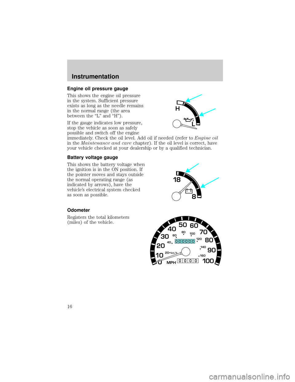 FORD E SERIES 2001 4.G Owners Manual Engine oil pressure gauge
This shows the engine oil pressure
in the system. Sufficient pressure
exists as long as the needle remains
in the normal range (the area
between the ªLº and ªHº).
If the 