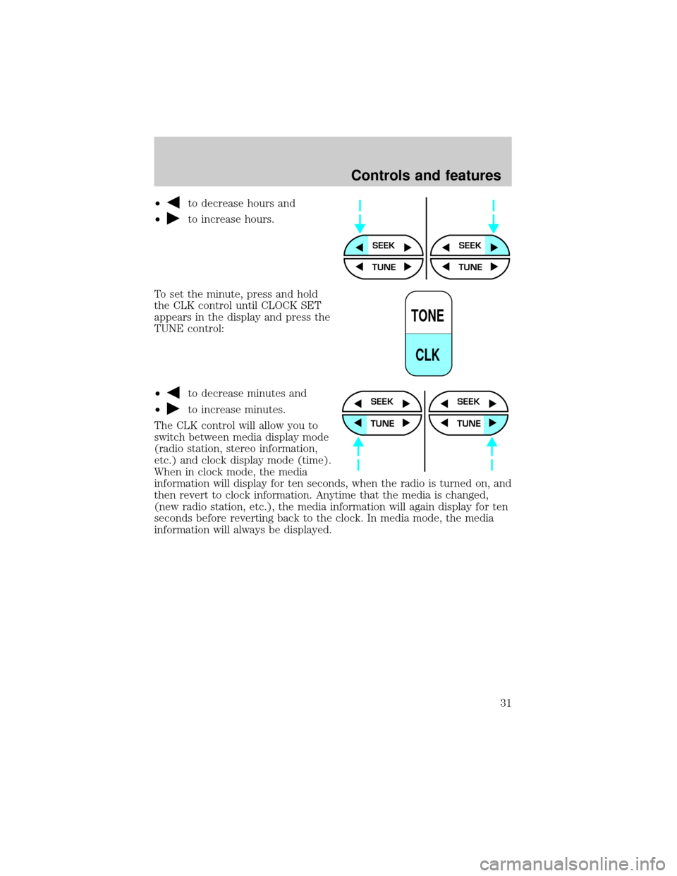 FORD E SERIES 2001 4.G Owners Guide ²to decrease hours and
²
to increase hours.
To set the minute, press and hold
the CLK control until CLOCK SET
appears in the display and press the
TUNE control:
²
to decrease minutes and
²
to incr