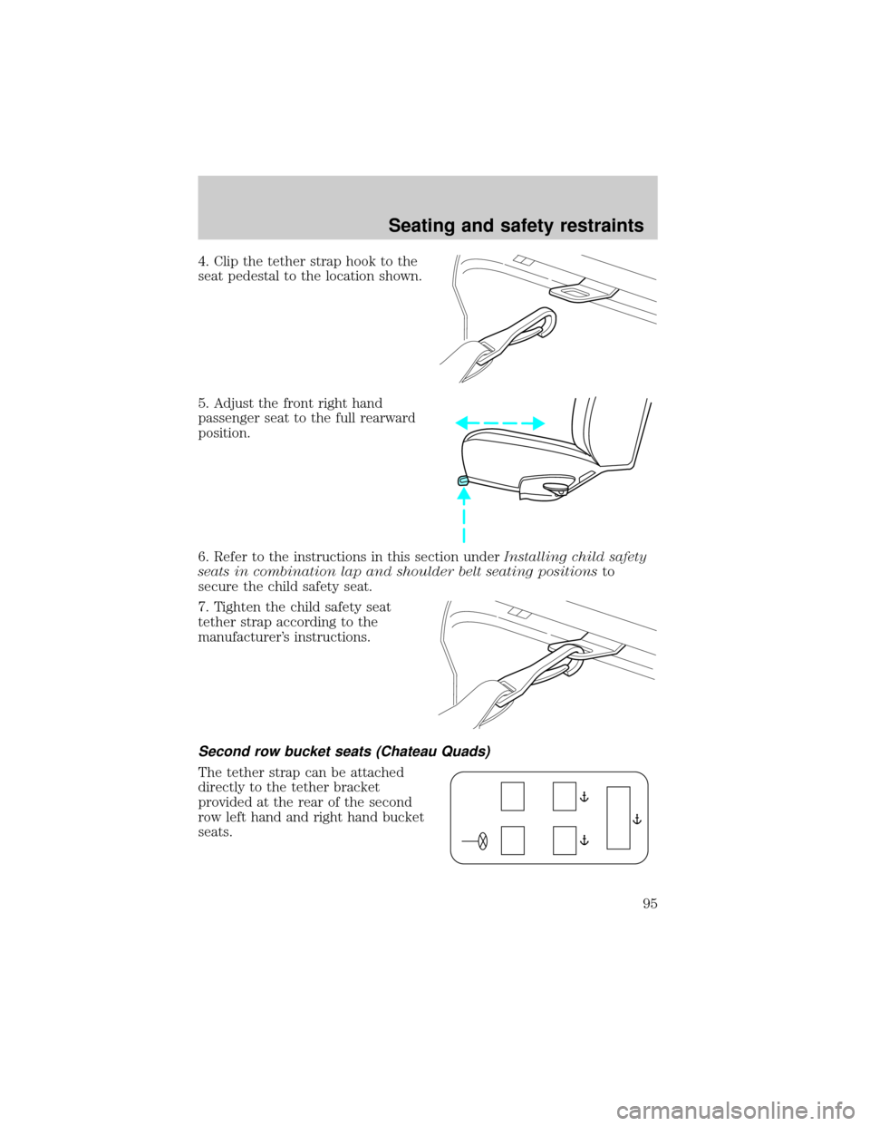 FORD E SERIES 2001 4.G Owners Manual 4. Clip the tether strap hook to the
seat pedestal to the location shown.
5. Adjust the front right hand
passenger seat to the full rearward
position.
6. Refer to the instructions in this section unde