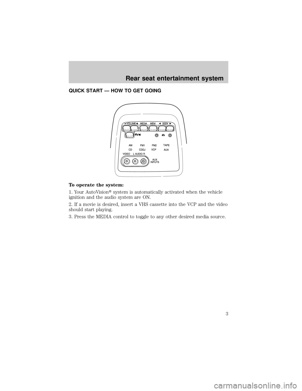 FORD E SERIES 2001 4.G Rear Seat Entertainment System Manual QUICK START Ð HOW TO GET GOING
To operate the system:
1. Your AutoVisiontsystem is automatically activated when the vehicle
ignition and the audio system are ON.
2. If a movie is desired, insert a VH