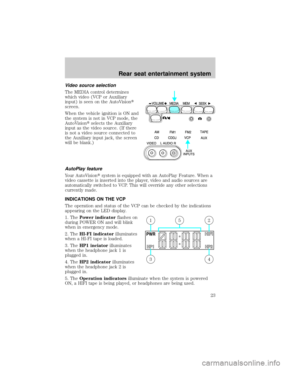 FORD E SERIES 2001 4.G Rear Seat Entertainment System Manual Video source selection
The MEDIA control determines
which video (VCP or Auxiliary
input) is seen on the AutoVisiont
screen.
When the vehicle ignition is ON and
the system is not in VCP mode, the
AutoV