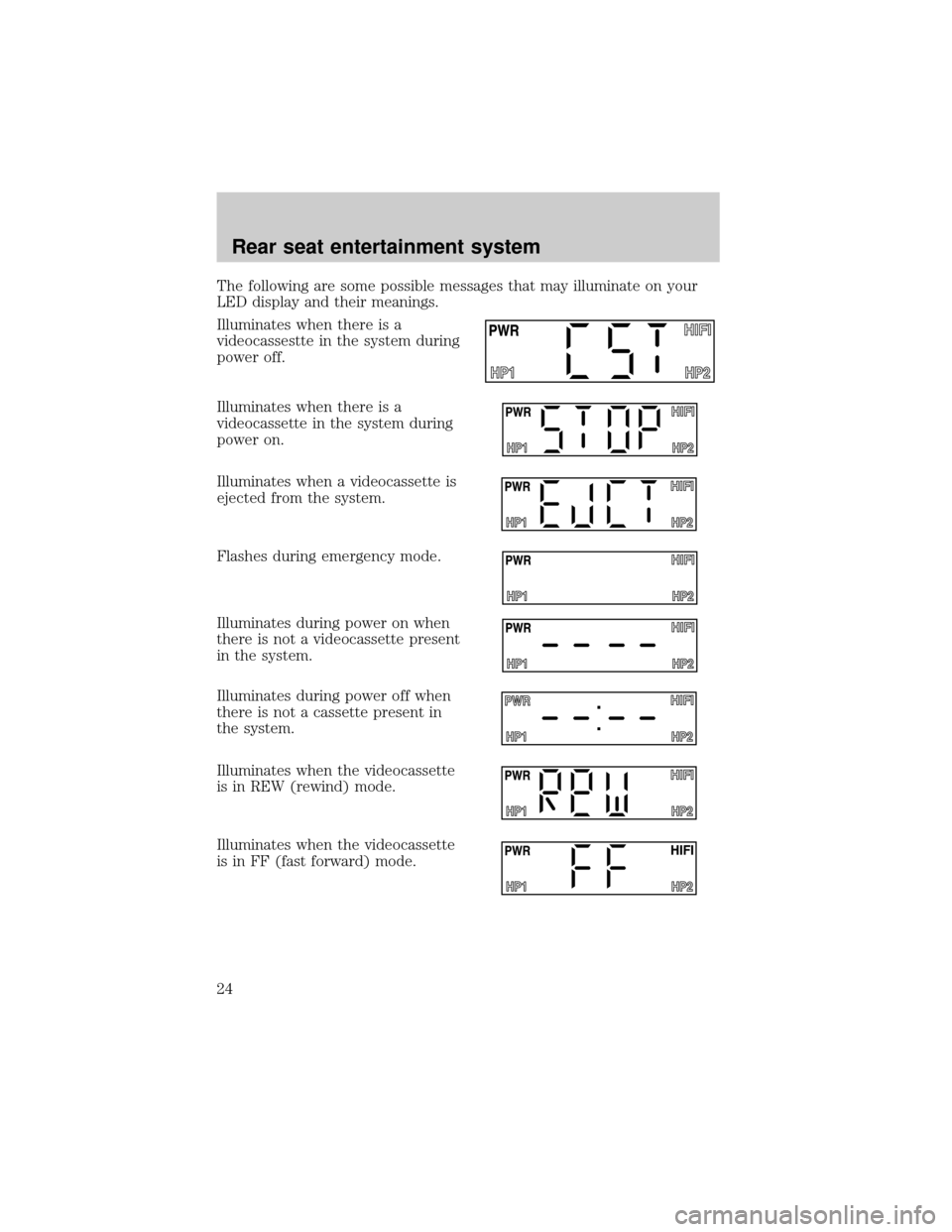 FORD E SERIES 2001 4.G Rear Seat Entertainment System Manual The following are some possible messages that may illuminate on your
LED display and their meanings.
Illuminates when there is a
videocassestte in the system during
power off.
Illuminates when there i FORD E SERIES 2001 4.G Rear Seat Entertainment System Manual The following are some possible messages that may illuminate on your
LED display and their meanings.
Illuminates when there is a
videocassestte in the system during
power off.
Illuminates when there i