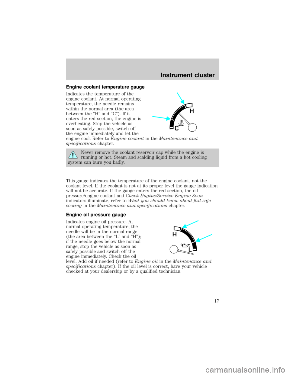 FORD E SERIES 2002 4.G User Guide Engine coolant temperature gauge
Indicates the temperature of the
engine coolant. At normal operating
temperature, the needle remains
within the normal area (the area
between the ªHº and ªCº). If 