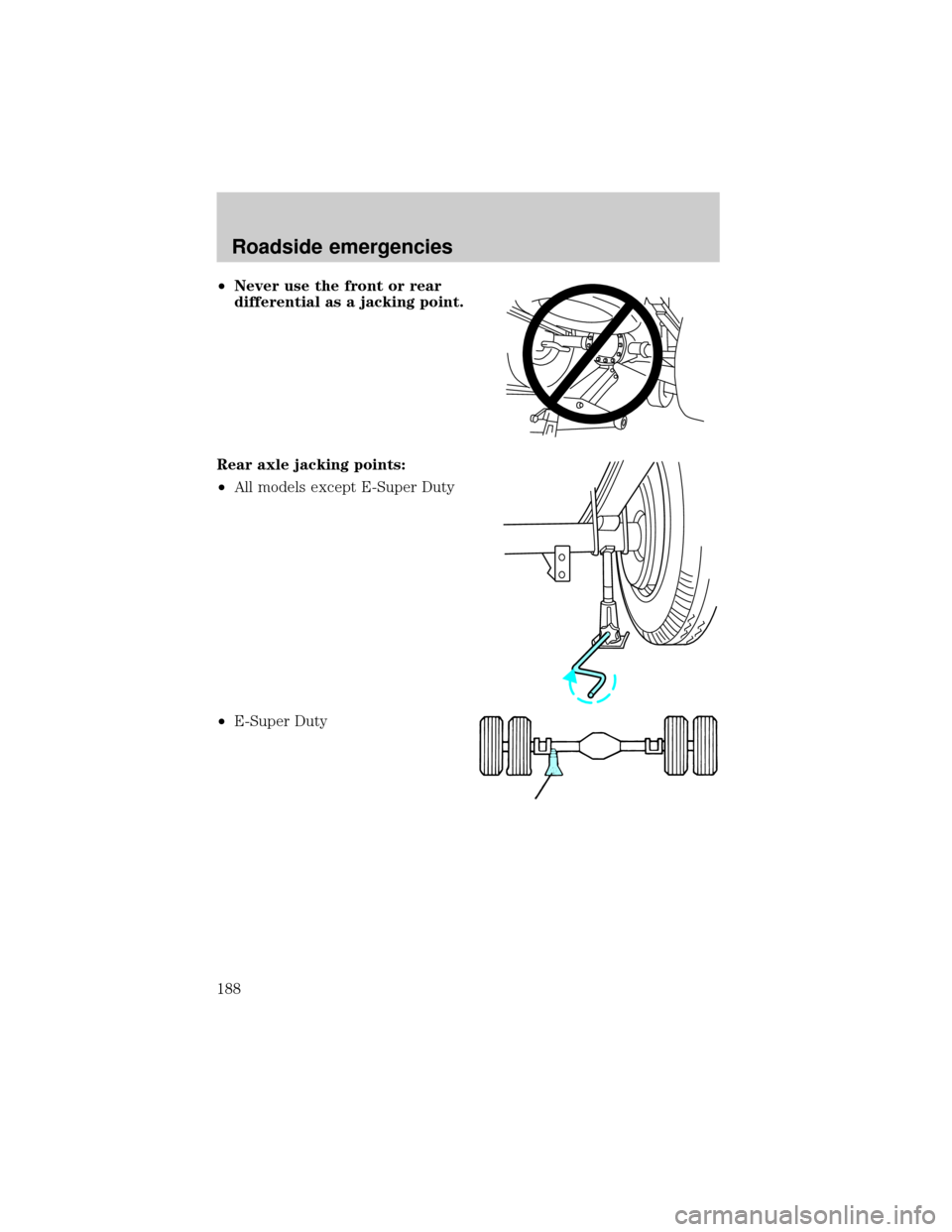 FORD E SERIES 2002 4.G Owners Manual ²Never use the front or rear
differential as a jacking point.
Rear axle jacking points:
²All models except E-Super Duty
²E-Super Duty
Roadside emergencies
188 