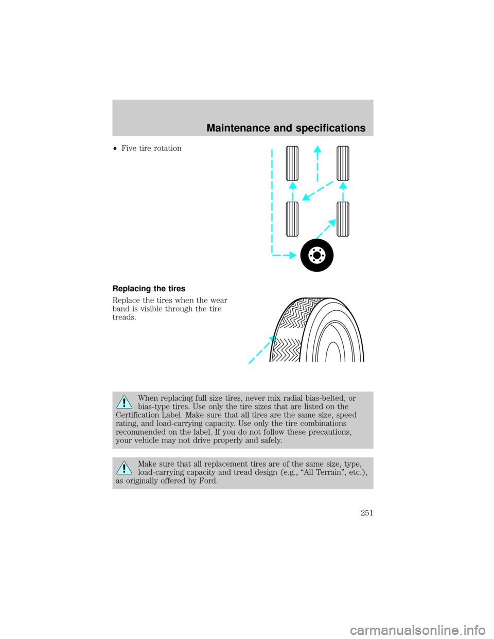 FORD E SERIES 2002 4.G Owners Manual ²Five tire rotation
Replacing the tires
Replace the tires when the wear
band is visible through the tire
treads.
When replacing full size tires, never mix radial bias-belted, or
bias-type tires. Use 