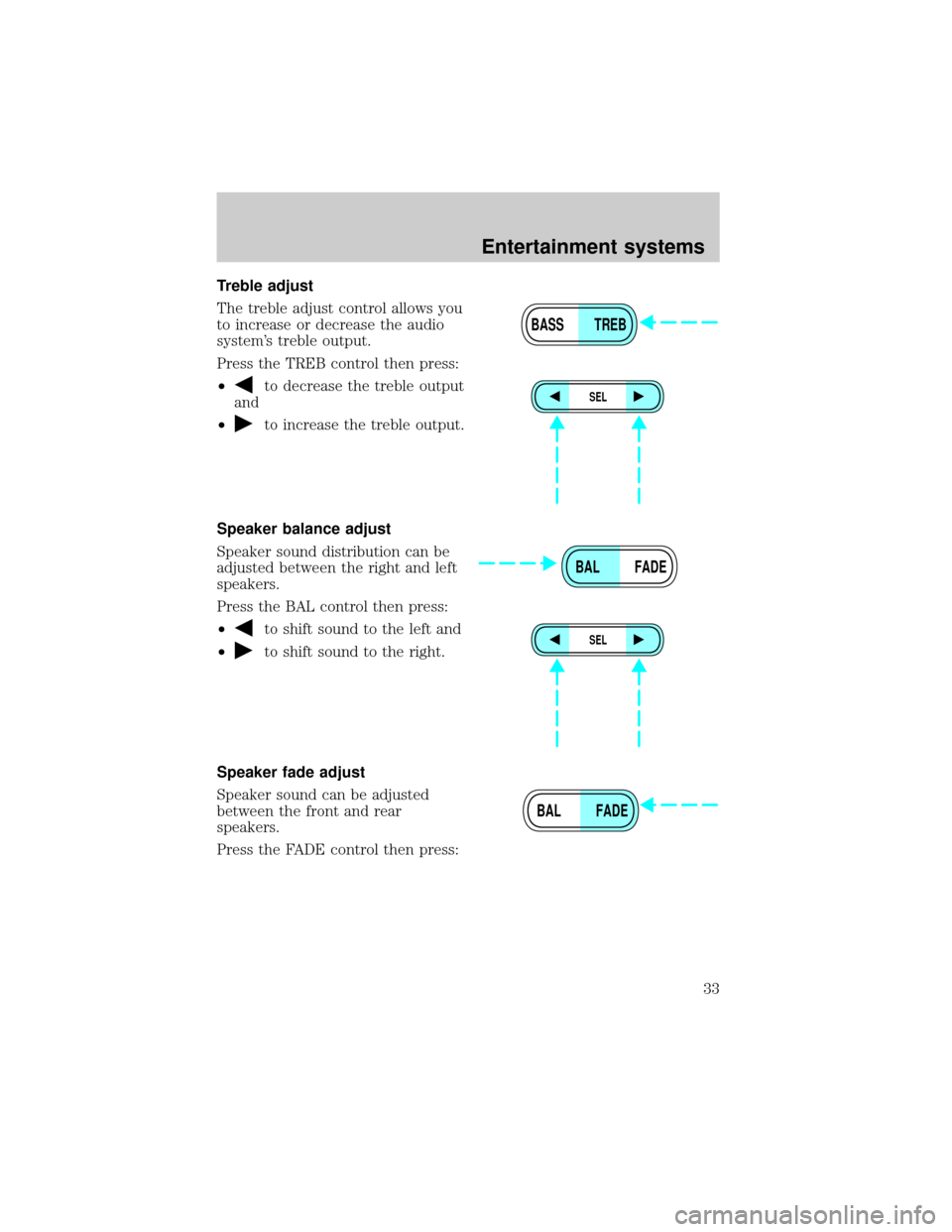 FORD E SERIES 2002 4.G Owners Guide Treble adjust
The treble adjust control allows you
to increase or decrease the audio
systems treble output.
Press the TREB control then press:
²
to decrease the treble output
and
²
to increase the 