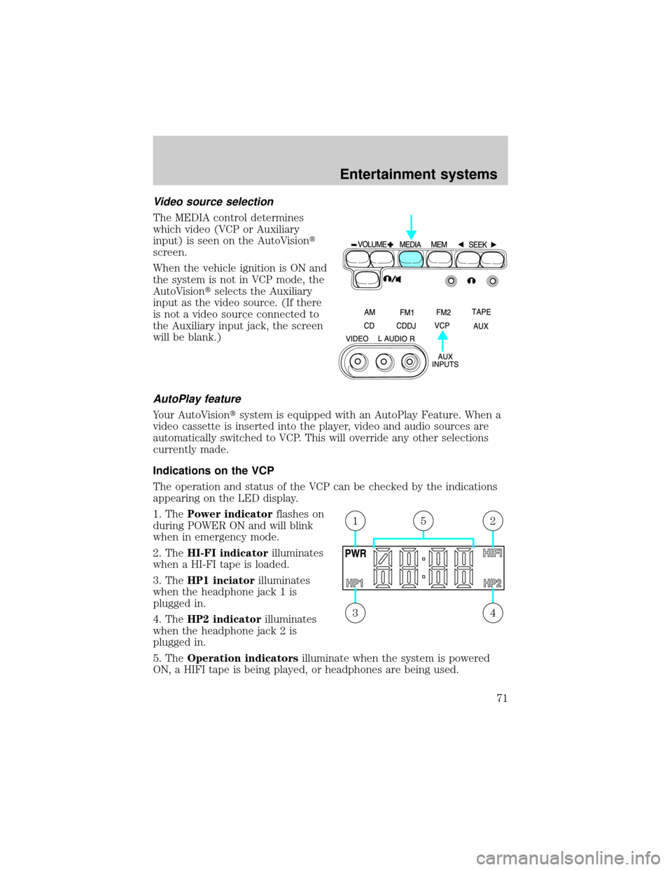 FORD E SERIES 2002 4.G Owners Manual Video source selection
The MEDIA control determines
which video (VCP or Auxiliary
input) is seen on the AutoVisiont
screen.
When the vehicle ignition is ON and
the system is not in VCP mode, the
AutoV