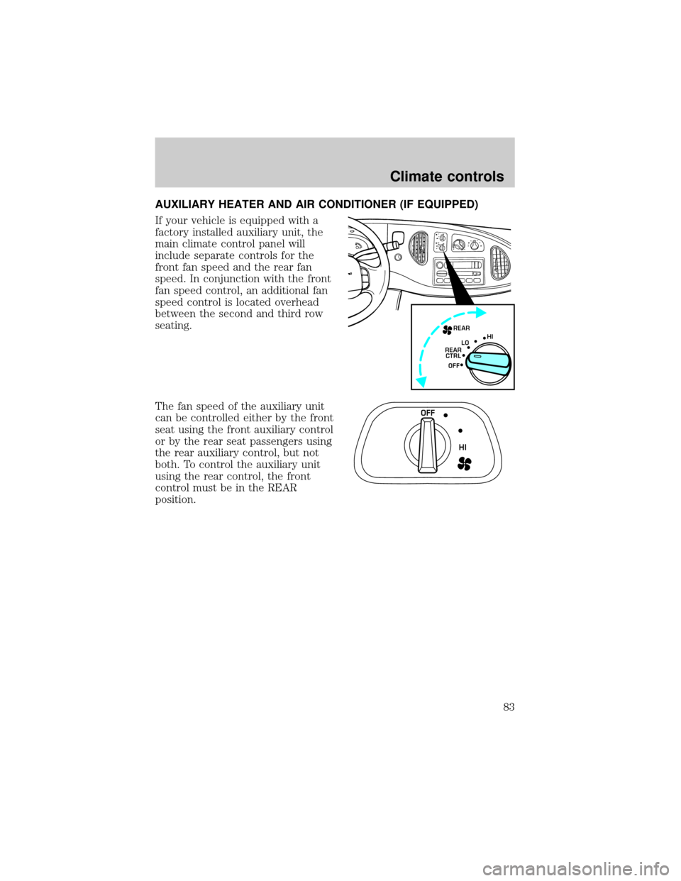 FORD E SERIES 2002 4.G Owners Manual AUXILIARY HEATER AND AIR CONDITIONER (IF EQUIPPED)
If your vehicle is equipped with a
factory installed auxiliary unit, the
main climate control panel will
include separate controls for the
front fan 