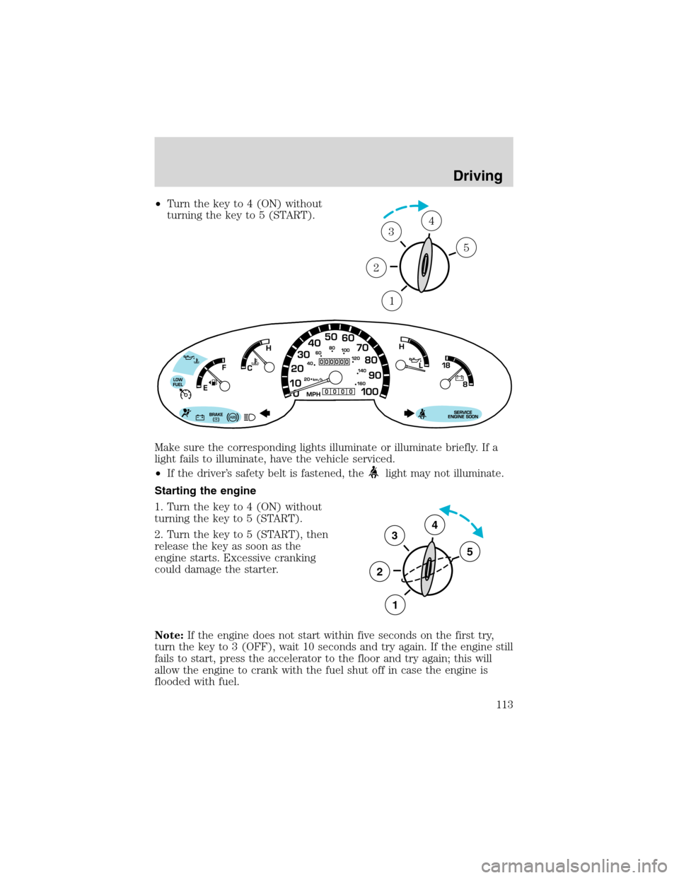 FORD E SERIES 2003 4.G Owners Manual •Turn the key to 4 (ON) without
turning the key to 5 (START).
Make sure the corresponding lights illuminate or illuminate briefly. If a
light fails to illuminate, have the vehicle serviced.
•If th