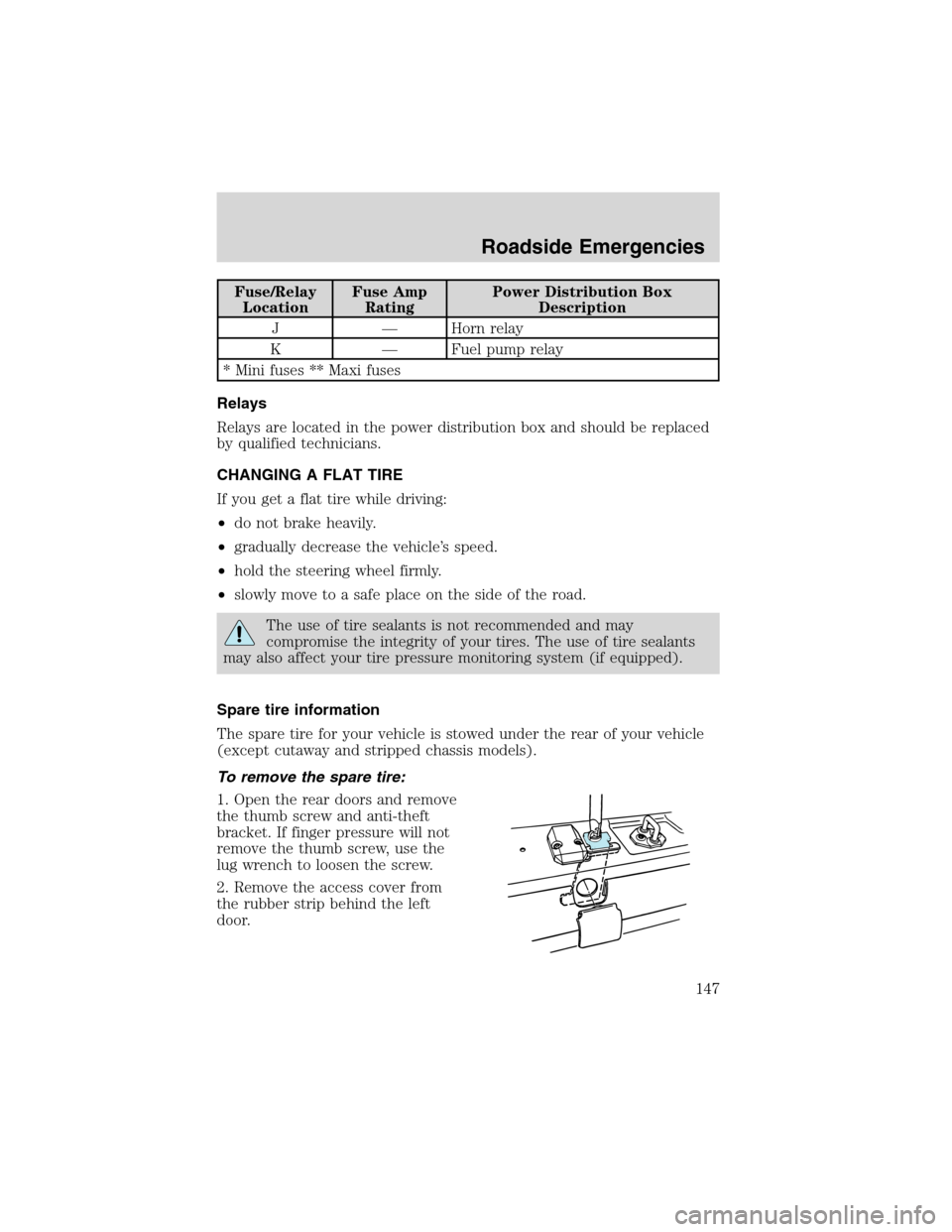 FORD E SERIES 2003 4.G Owners Manual Fuse/Relay
LocationFuse Amp
RatingPower Distribution Box
Description
J—Horn relay
K—Fuel pump relay
* Mini fuses ** Maxi fuses
Relays
Relays are located in the power distribution box and should be