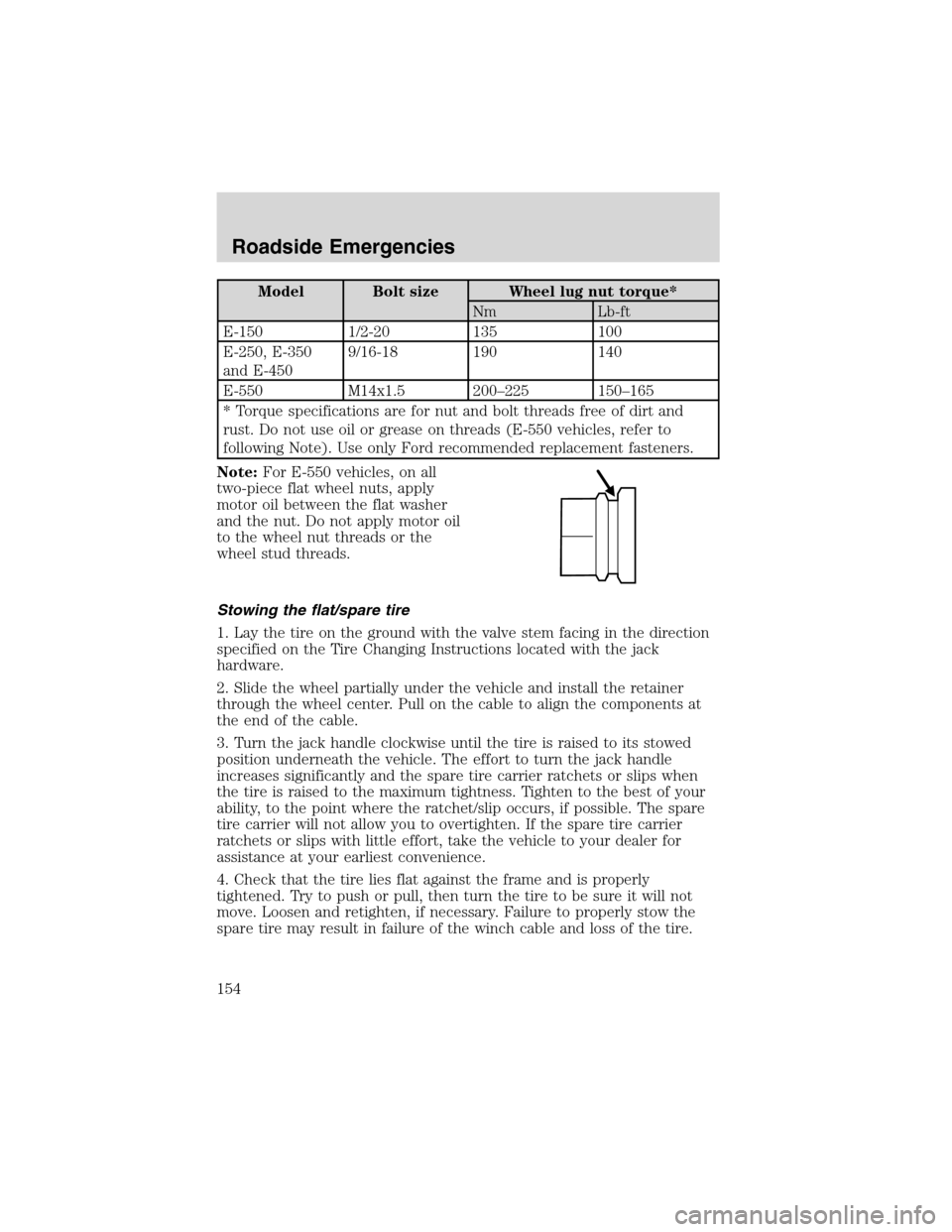 FORD E SERIES 2003 4.G Owners Manual Model Bolt size Wheel lug nut torque*
Nm Lb-ft
E-150 1/2-20 135 100
E-250, E-350
and E-4509/16-18 190 140
E-550 M14x1.5 200–225 150–165
* Torque specifications are for nut and bolt threads free of