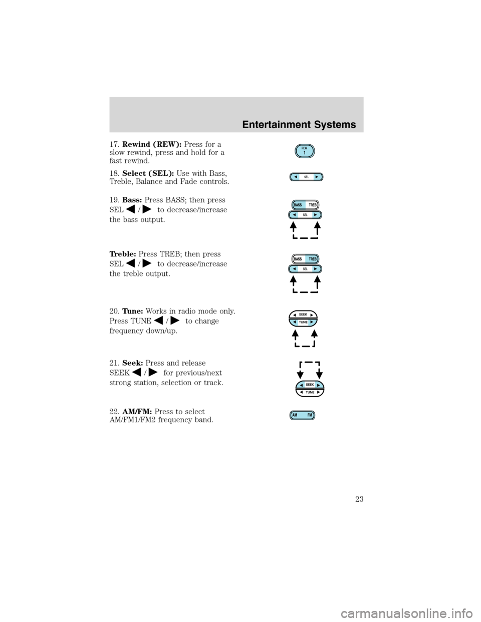 FORD E SERIES 2003 4.G Owners Manual 17.Rewind (REW):Press for a
slow rewind, press and hold for a
fast rewind.
18.Select (SEL):Use with Bass,
Treble, Balance and Fade controls.
19.Bass:Press BASS; then press
SEL
/to decrease/increase
th