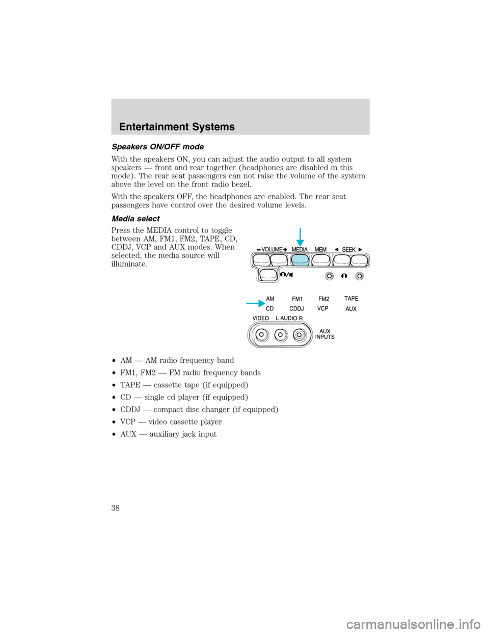 FORD E SERIES 2003 4.G Owners Guide Speakers ON/OFF mode
With the speakers ON, you can adjust the audio output to all system
speakers—front and rear together (headphones are disabled in this
mode). The rear seat passengers can not rai