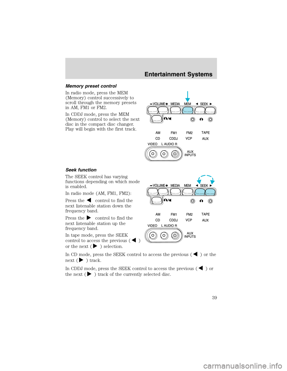 FORD E SERIES 2003 4.G Owners Guide Memory preset control
In radio mode, press the MEM
(Memory) control successively to
scroll through the memory presets
in AM, FM1 or FM2.
In CDDJ mode, press the MEM
(Memory) control to select the next