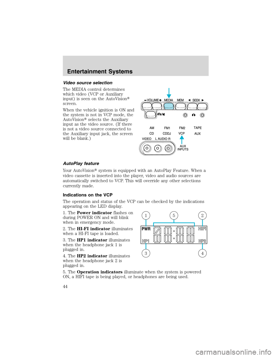 FORD E SERIES 2003 4.G Owners Manual Video source selection
The MEDIA control determines
which video (VCP or Auxiliary
input) is seen on the AutoVision
screen.
When the vehicle ignition is ON and
the system is not in VCP mode, the
AutoV