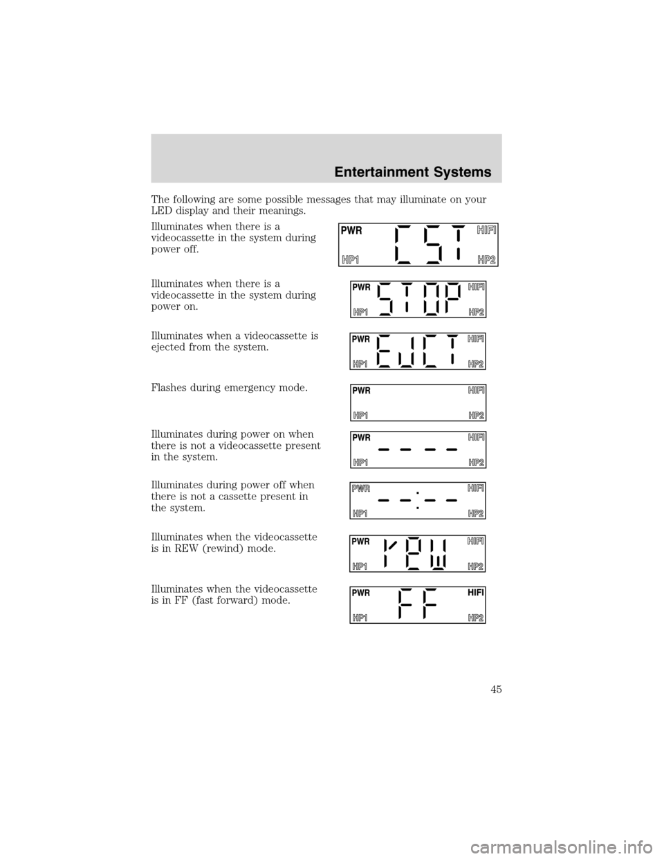 FORD E SERIES 2003 4.G Owners Manual The following are some possible messages that may illuminate on your
LED display and their meanings.
Illuminates when there is a
videocassette in the system during
power off.
Illuminates when there is