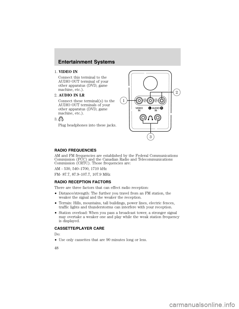 FORD E SERIES 2003 4.G Owners Manual 1.VIDEO IN
Connect this terminal to the
AUDIO OUT terminal of your
other apparatus (DVD, game
machine, etc.).
2.AUDIO IN LR
Connect these terminal(s) to the
AUDIO OUT terminals of your
other apparatus