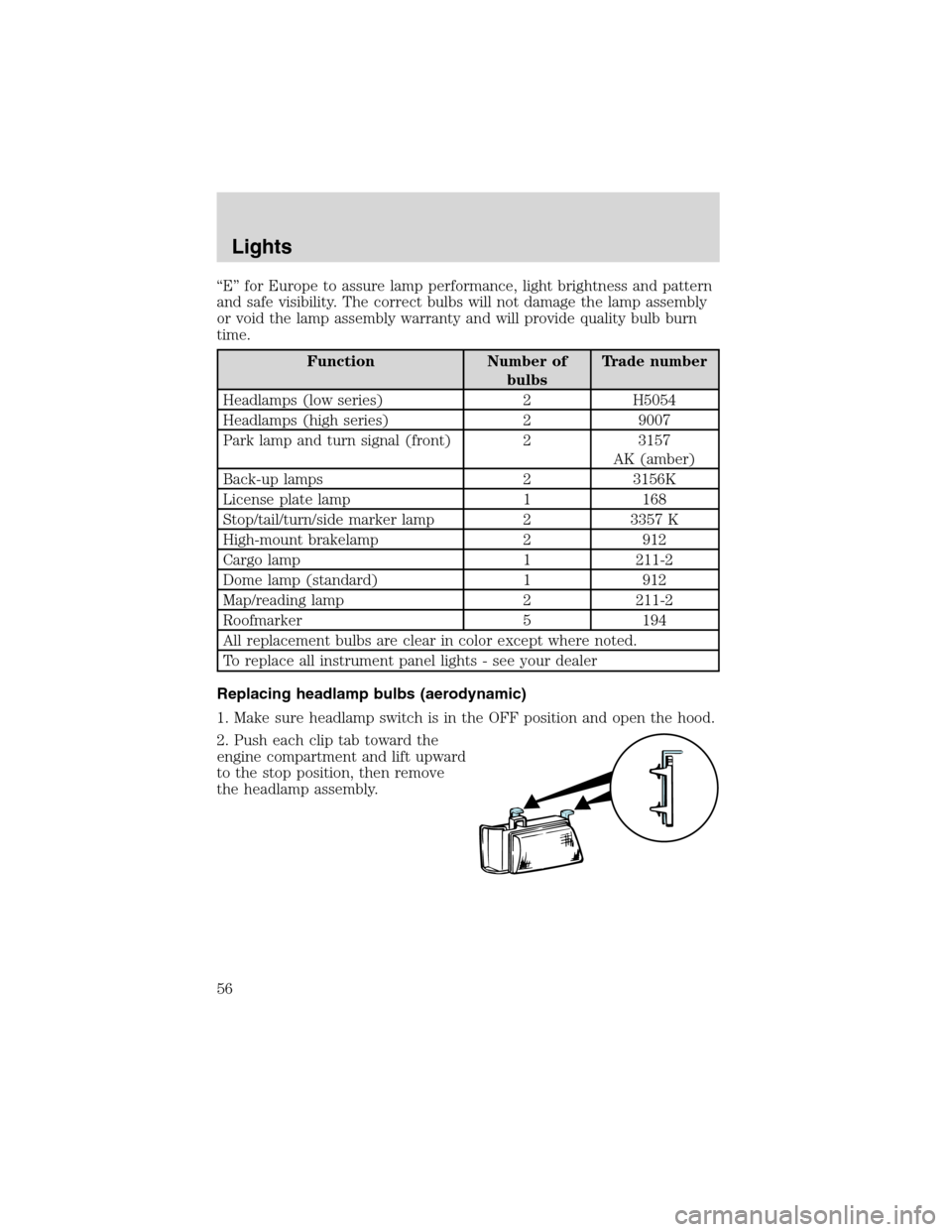 FORD E SERIES 2003 4.G Owners Manual “E”for Europe to assure lamp performance, light brightness and pattern
and safe visibility. The correct bulbs will not damage the lamp assembly
or void the lamp assembly warranty and will provide 