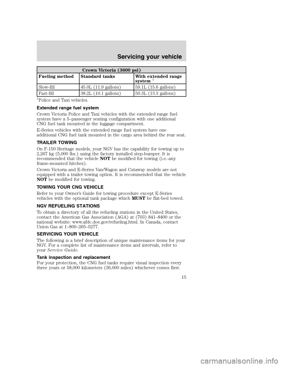 FORD E SERIES 2004 4.G Natural Gas Vehicle Supplement Manual Crown Victoria (3600 psi)
Fueling method Standard tanks With extended range
system
1
Slow-fill 45.0L (11.9 gallons) 59.1L (15.6 gallons)
Fast-fill 38.2L (10.1 gallons) 50.3L (13.3 gallons)
1Police and FORD E SERIES 2004 4.G Natural Gas Vehicle Supplement Manual Crown Victoria (3600 psi)
Fueling method Standard tanks With extended range
system
1
Slow-fill 45.0L (11.9 gallons) 59.1L (15.6 gallons)
Fast-fill 38.2L (10.1 gallons) 50.3L (13.3 gallons)
1Police and