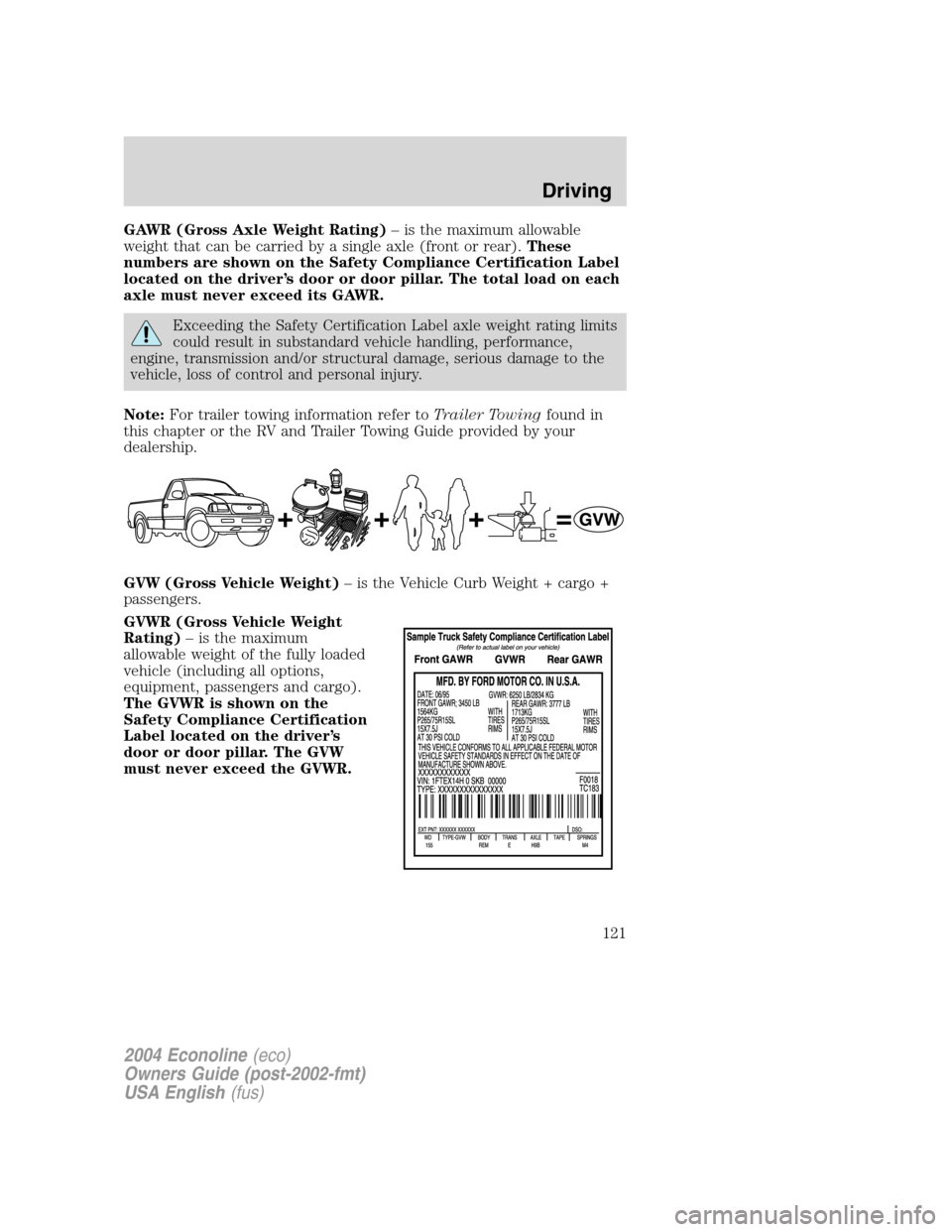 FORD E SERIES 2004 4.G Owners Manual GAWR (Gross Axle Weight Rating)–is the maximum allowable
weight that can be carried by a single axle (front or rear).These
numbers are shown on the Safety Compliance Certification Label
located on t FORD E SERIES 2004 4.G Owners Manual GAWR (Gross Axle Weight Rating)–is the maximum allowable
weight that can be carried by a single axle (front or rear).These
numbers are shown on the Safety Compliance Certification Label
located on t