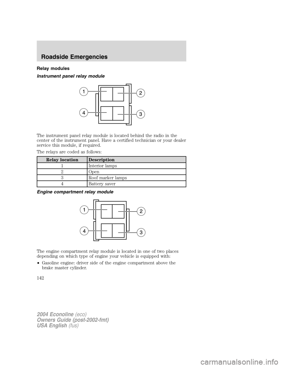 FORD E SERIES 2004 4.G Owners Manual Relay modules
Instrument panel relay module
The instrument panel relay module is located behind the radio in the
center of the instrument panel. Have a certified technician or your dealer
service this
